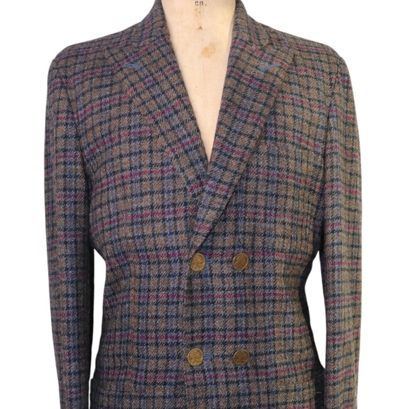 Vintage Mens Bespoke Checked Handwoven Donegal Tweed Wool Double Breasted Jacket - Picture 13 of 14